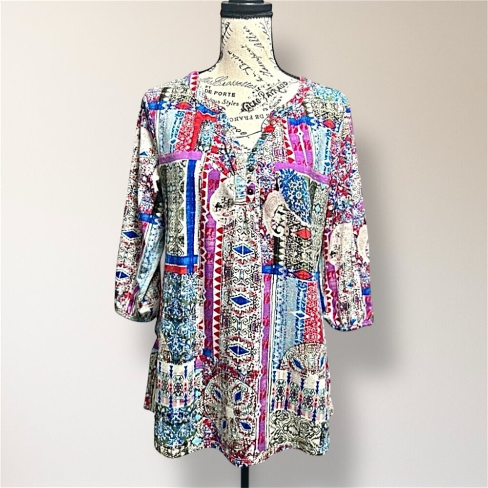 Kate Park PL Patchwork Print Button Tunic 3/4 Sleeve Blouse Gray Blue Boho Artsy